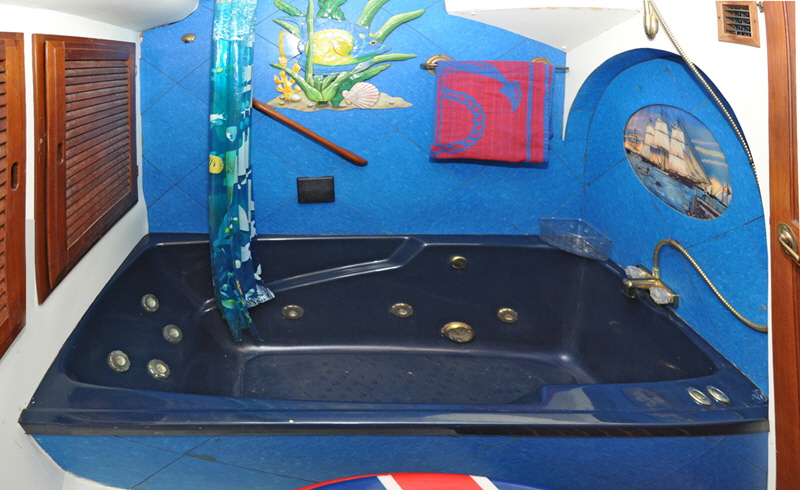 This full size bathtub has ten jets which pump hot water into a soothing massage.