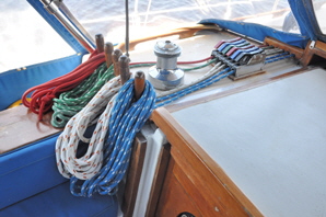 This is the port side rope deck that has six lines leading into it. These have to be  recoiled after every use or they can become impossibly tanglesd.